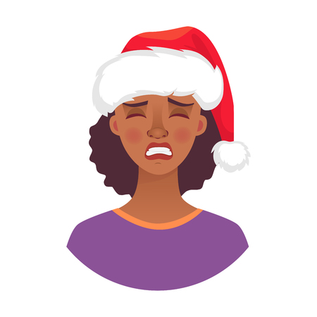 Christmas woman in santa claus hat. Emotions of african american woman face. Facial expression. African girl vector illustrationのイラスト素材