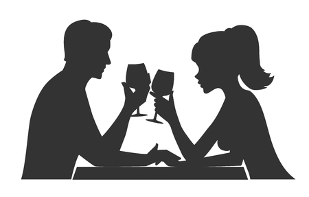 Man and woman drink wine. Man and woman clanging wine glasses with champagne. Silhouette vector illustrationのイラスト素材
