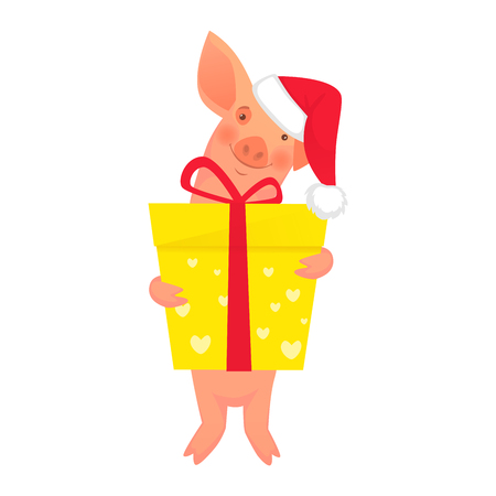Piglet is holding a gift. Happy chinese new year 2019. Pig zodiac symbol vector illustrationのイラスト素材