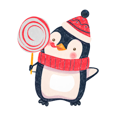 Penguin cartoon illustration. Penguin with christmas candyの写真素材
