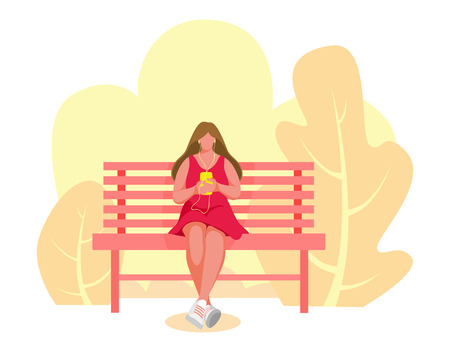 Girl sitting on bench. Woman listening music.  Illustrationの写真素材