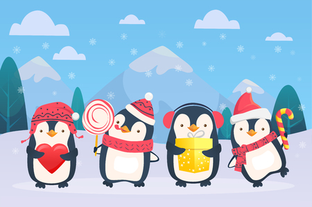 Christmas penguins on snowy background. Penguins cartoon illustration.の写真素材