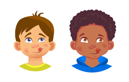 Boys character set. Emotions of children face. Face vector illustrationのイラスト素材