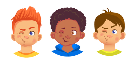 Boys character set. Emotions of children face. Face vector illustrationのイラスト素材