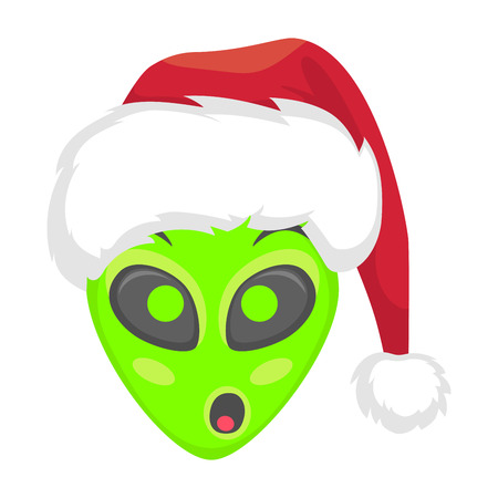 Alien face emoji. Alien green head in santa hat - OMG. Humanoid vector illustrationのイラスト素材
