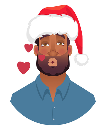 Portrait of African man in christmas hat. Blowing kiss man vector illustrationのイラスト素材