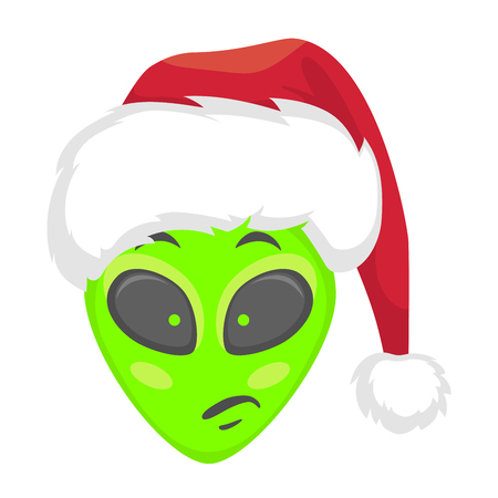 Alien face emoji. Alien green head in santa hat - Pensive. Humanoid vector illustrationのイラスト素材
