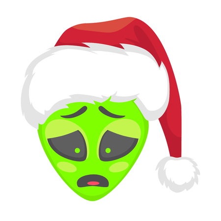 Alien face emoji. Alien green head in santa hat - Sad. Humanoid vector illustrationのイラスト素材