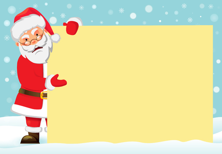 Santa Claus holding banner. Christmas blank advertising banner. Happy New Year background. Santa Claus vector illustration.のイラスト素材