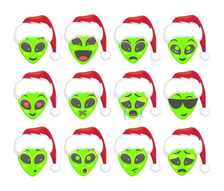 Alien face emoji. Alien green head in santa hat. Humanoid vector illustration setのイラスト素材