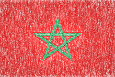 Morocco painted flag. Patriotic drawing on paper background. National flag of Moroccoの写真素材