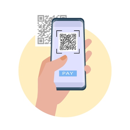 Qr code payment. Hand holding smartphone to use the app to pay with qr code. Vector illustration.のイラスト素材