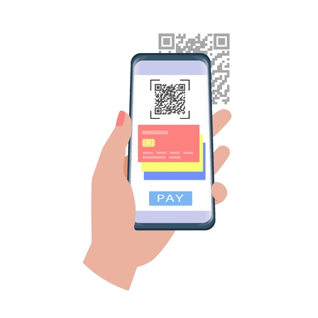 Qr code payment. Hand holding smartphone to use the app to pay with qr code.