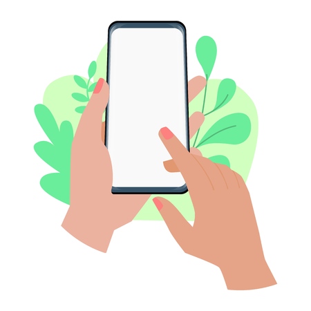 Hands holding smartphone illustration. Female hands holding mobile phoneのイラスト素材