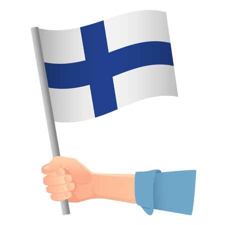Finland flag in hand. Patriotic background. National flag of Finland illustrationのイラスト素材