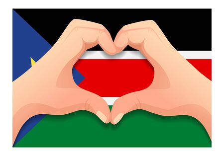 South Sudan flag and hand heart shape. Patriotic background. National flag of South Sudan vector illustrationのイラスト素材