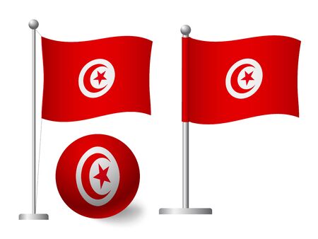 Tunisia flag on pole and ball. Metal flagpole. National flag of Tunisia vector illustrationのイラスト素材