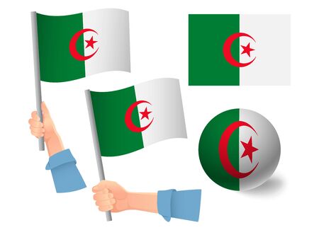Algeria flag in hand set. Ball flag. National flag of Algeria vector illustrationのイラスト素材