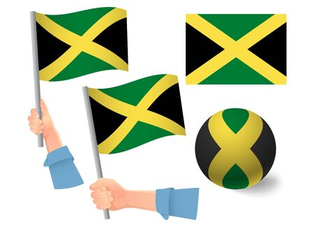 Jamaica flag in hand set. Ball flag. National flag of Jamaica vector illustrationのイラスト素材
