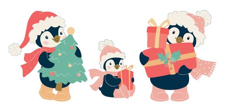Christmas penguin character. Cute penguin vector illustration setのイラスト素材
