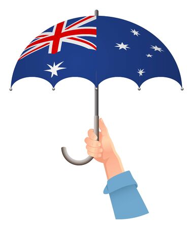 Australia flag. Hand holding umbrella. Social security concept. National flag of Australia vector illustrationのイラスト素材