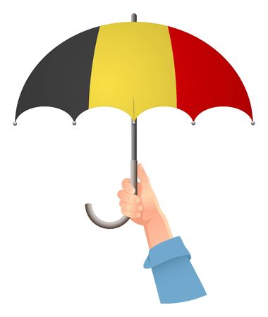 Belgium flag. Hand holding umbrella. Social security concept. National flag of Belgium vector illustrationのイラスト素材