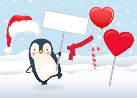 Penguin holding sign. Penguin cartoon vector illustration.のイラスト素材