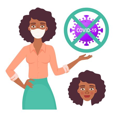 African business woman in mask. No coronavirus icon vector illustrationのイラスト素材