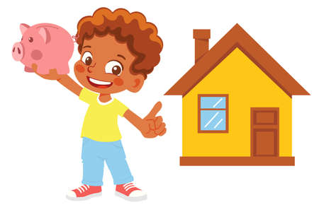 Boy holding a piggy bank points to the houseのイラスト素材
