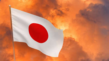 Japan flag on pole. Dramatic background. National flag of Japanの写真素材