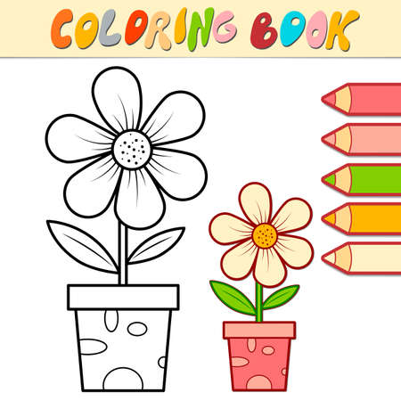 Coloring book or page for kids. potted flower black and white vector illustrationのイラスト素材