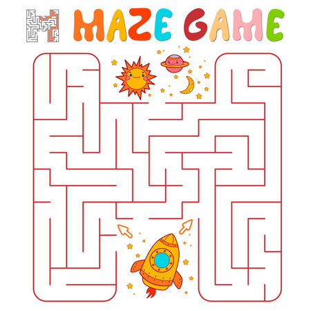 Maze puzzle game for children. Maze or labyrinth game with rocket. Vector illustrationsのイラスト素材