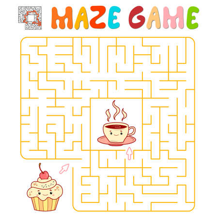 Maze puzzle game for children. Maze or labyrinth game with cake and tea. Vector illustrationsのイラスト素材