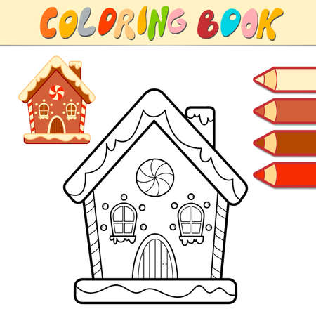 Coloring book or Coloring page for kids. Christmas Gingerbread house black and white vector illustrationのイラスト素材