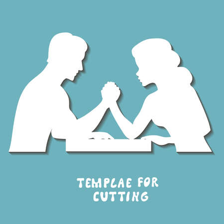 Template for laser cutting, wood carving, paper cut. Silhouettes for cutting. Arm wrestling challenge between a young couple vector stencilのイラスト素材