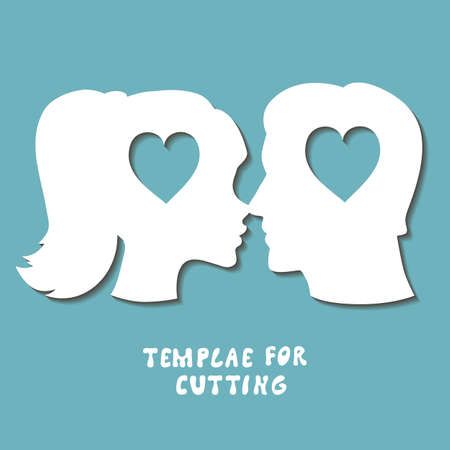 Template for laser cutting, wood carving, paper cut. Silhouettes for cutting. Woman and Man head with heart vector stencilのイラスト素材