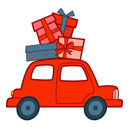 Christmas cartoons clip art. Car and gifts vector illustrationのイラスト素材