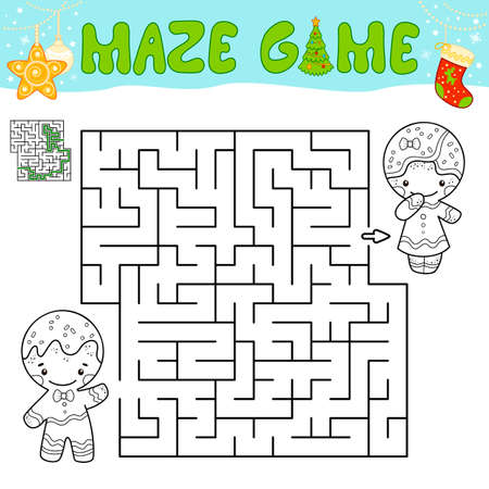 Christmas Maze puzzle game for children. Outline maze or labyrinth game with christmas Gingerbread man.のイラスト素材