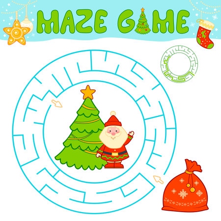 Christmas maze puzzle game for children. Circle maze or labyrinth game with Christmas bag.のイラスト素材