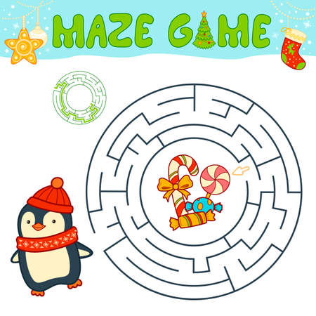 Christmas maze puzzle game for children. Circle maze or labyrinth game with Christmas penguin.のイラスト素材