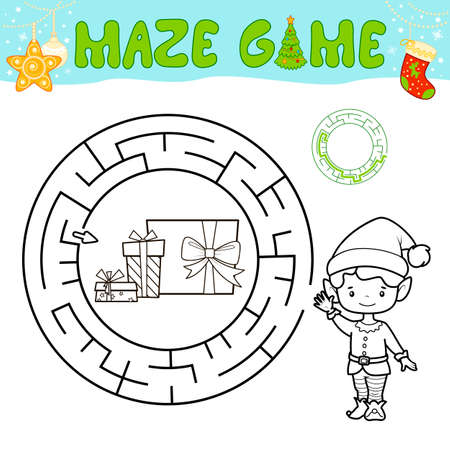 Christmas black and white maze puzzle game for children. Outline circle maze or labyrinth game with boy elf.のイラスト素材