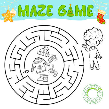 Christmas black and white maze puzzle game for children. Outline circle maze or labyrinth game with Christmas boy.のイラスト素材
