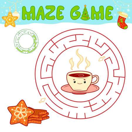 Christmas maze puzzle game for children. Circle maze or labyrinth game with Christmas cookie.のイラスト素材