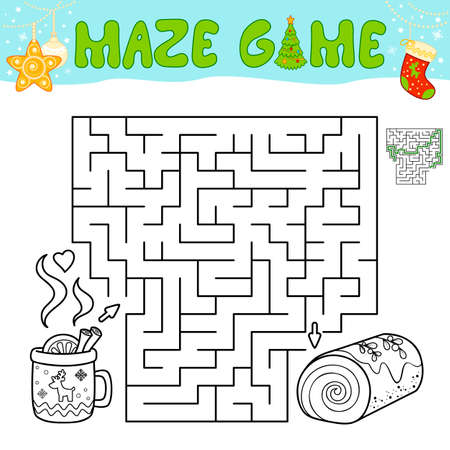 Christmas Maze puzzle game for children. Outline maze or labyrinth game with christmas cake.のイラスト素材