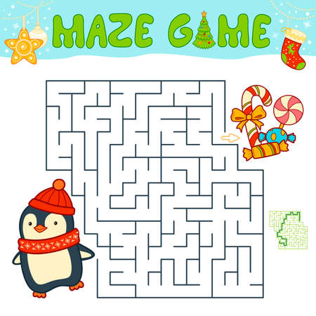 Christmas Maze puzzle game for children. Maze or labyrinth game with Christmas penguin.のイラスト素材