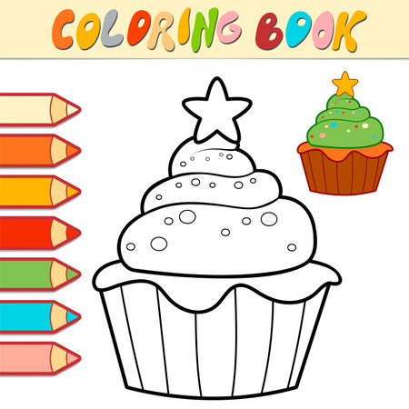 Coloring book or page for kids. Christmas cupcake black and white vector illustrationのイラスト素材