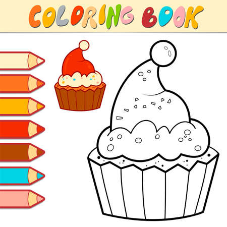 Coloring book or page for kids. Christmas cupcake black and white vector illustrationのイラスト素材