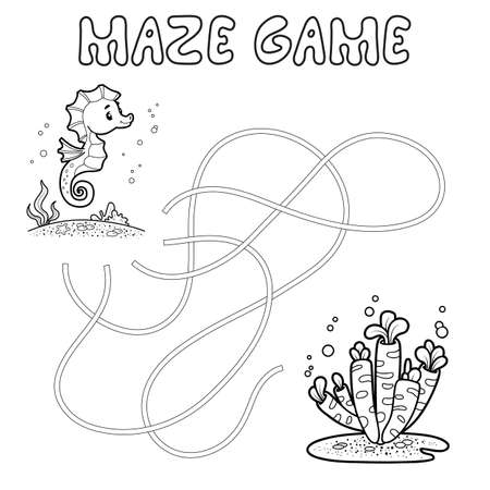 Maze puzzle game for children. Outline maze or labyrinth. Find path game with fish. Vector illustrationsのイラスト素材