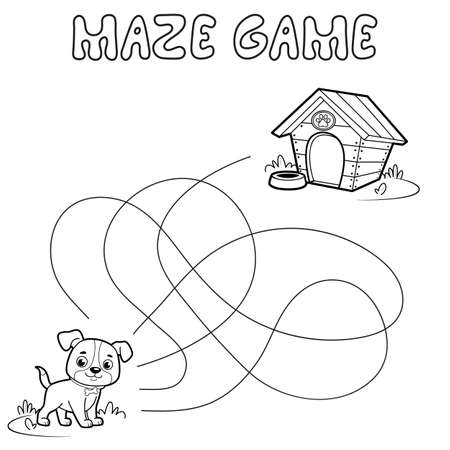 Maze puzzle game for children. Outline maze or labyrinth. Find path game with dog.のイラスト素材