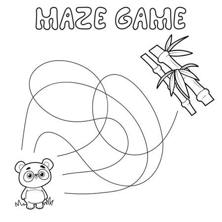 Maze puzzle game for children. Outline maze or labyrinth. Find path game with panda.のイラスト素材